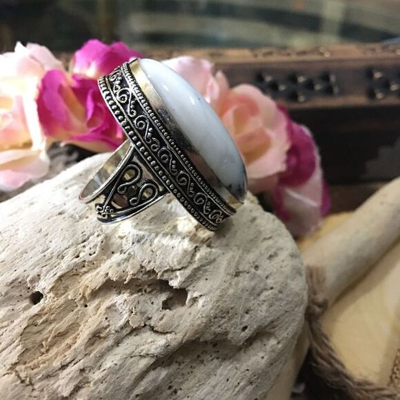 Winter Dendritic Agate Silver Gemstone Statement Ring Size 8 - Picture 3 of 5